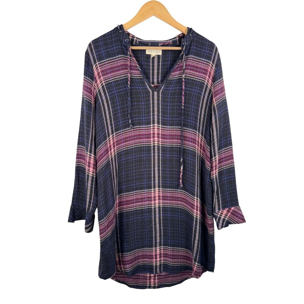 Cloth & Stone Plaid Tunic Top‎ L Blue Pink preppy boho sz L
